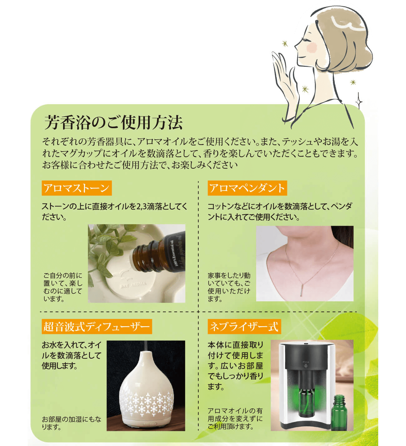 芳香浴のご使用方法 それぞれの芳香器具に、アロマオイルをご使用ください。また、テッシュやお湯を入れたマグカップにオイルを数滴落として、香りを楽しんでいただくこともできます。 お客様に合わせたご使用方法で、お楽しみください。 アロマストーン ストーンの上に直接オイルを2,3滴落としてください。 ご自分の前に置いて、楽しむのに適しています。 アロマペンダント コットンなどにオイルを数滴落として、ペンダントに入れてご使用ください。 家事をしたり動いていても、ご使用いただけます。 超音波式ディフューザー お水を入れて、オイルを数滴落として使用します。 お部屋の加湿にもなります。 ネブライザー式 本体に直接取り付けて使用します。広いお部屋でもしっかり香ります。 アロマオイルの有用成分を変えずにご利用頂けます。